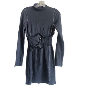 Capsulle Medium Mini Dress Womens Black Excellent Corset Lace Up Mock Neck